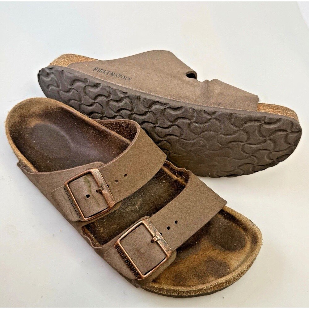 Birkenstock Arizona Women Sz 39 US 8-8.5 Brown Leather 2-Strap Slide Sandal GUC